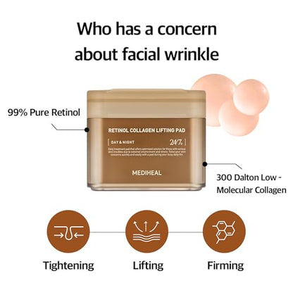 MEDIHEAL Retinol Collagen Lifting Pad - Vegan Face Hypoallergenic Pads with Retinol, Collagen - Lifting Pads for Enhancing Skin Texture Firmness 100 Pads