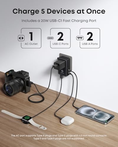 Anker Nano Travel Adapter, 5-Port Power Adapter with 1 AC, 2 USB-A, and 2 USB-C Ports, Smart Temperature Control, Compatible with Over 200 Countries, Ideal for Travel (1-Pack)