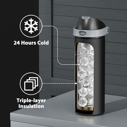 24 oz Insulated Water Bottle for Sports: Meoky Stainless Steel Water Bottle with 2-in-1 Straw and Spout Lid - Leak Proof, Cold for 24 Hours, Fits in Car Cup Holder, BPA-Free for Travel Gym, Night