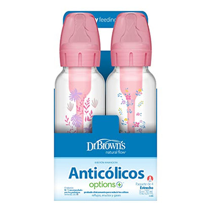 Dr. Brown's Natural Flow Anti-Colic Options+ Narrow Baby Bottle, Pink Floral, 8 oz/250 mL, with Level 1 Slow Flow Nipples, 0m+, 4 Pack