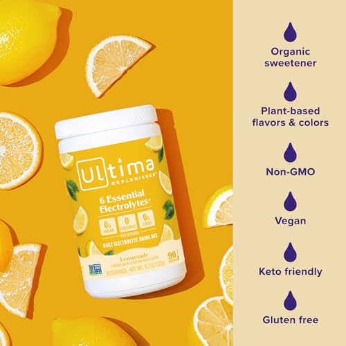 Ultima Replenisher Daily Electrolyte Powder Drink Mix – Sugar Free – Lemonade, 90 Servings – Hydration Powder with 6 Key Electrolytes and Trace Minerals – Keto Friendly, Vegan, Non-GMO