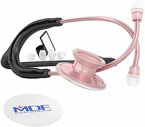 MDF Instruments, Acoustica Lightweight Stethoscope for Doctors, Nurses, Students, Home Health Use, Adult, Dual Head, Black Tube, Rosegold (Matte Finish) Chestpiece-Headset, MDF747XPRG11
