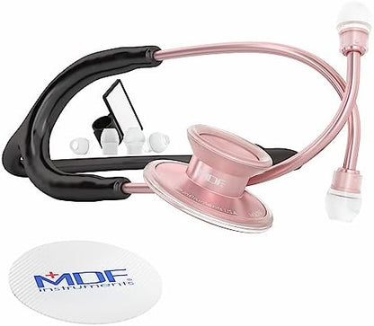 MDF Instruments, Acoustica Lightweight Stethoscope for Doctors, Nurses, Students, Home Health Use, Adult, Dual Head, Black Tube, Rosegold (Matte Finish) Chestpiece-Headset, MDF747XPRG11