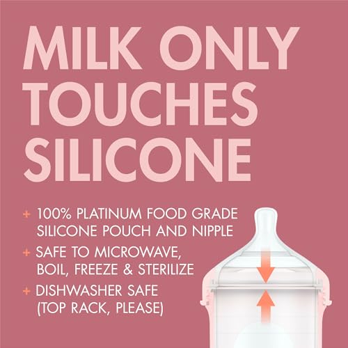 Boon Nursh Reusable Silicone Pouch Baby Bottles - Medium Flow Nipple - Silicone Baby Bottle Pouch and Nipple - Baby Feeding Essentials - Pink - 3-6 Months - 3 Count - 8 Ounce