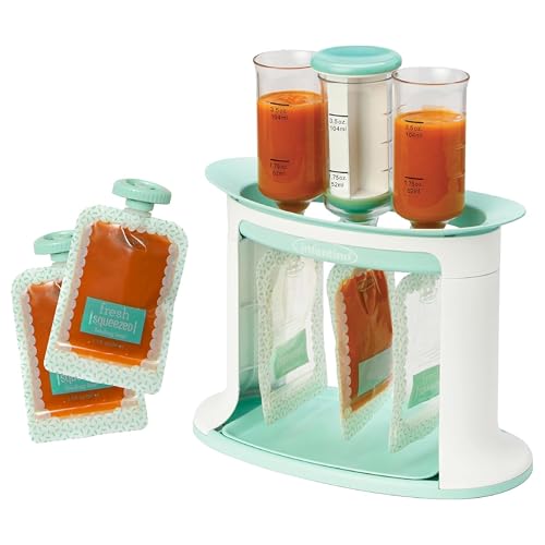 Infantino Squeeze Station, Baby Food Maker & Pouch Filler, Fill 3 Reusable Pouches at Once, Easy to Use, Dishwasher Safe, Homemade Baby Food Prep Essential, Teal