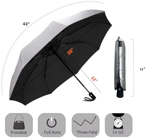 SIEPASA UV Protection Travel Compact Umbrella-Automatic Umbrellas for Rain-Compact Folding Umbrella, Travel Umbrella, Small Portable Windproof Umbrellas for Men Women Teenage.(Silver/Black)