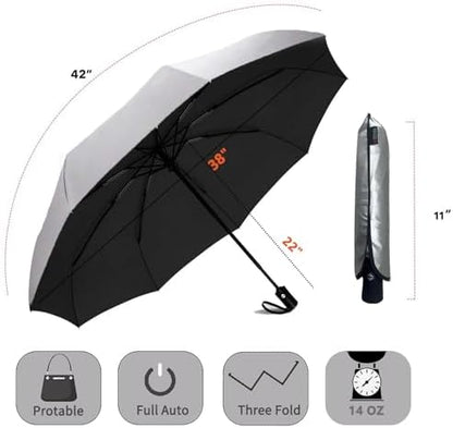 SIEPASA UV Protection Travel Compact Umbrella-Automatic Umbrellas for Rain-Compact Folding Umbrella, Travel Umbrella, Small Portable Windproof Umbrellas for Men Women Teenage.(Silver/Black)