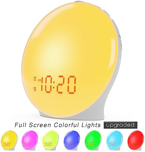 Wake Up Light Sunrise Alarm Clock for Kids, Heavy Sleepers, Bedroom, with Sunrise Simulation, Sleep Aid, Dual Alarms, FM Radio, Snooze, Nightlight, Daylight, 7 Colors, 7 Natural Sounds, Ideal for Gift