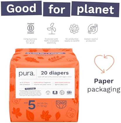 Pura Size 5 Eco-Friendly Diapers (24-35 lbs) Totally Chlorine Free (TCF), Hypoallergenic, Soft Organic Cotton, Sustainable, up to 12 Hours Leak Protection, Allergy UK, 6 Packs of 20 (120 Diapers)