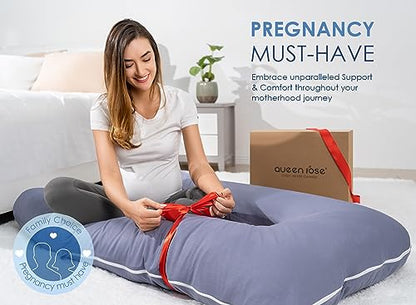 QUEEN ROSE Pregnancy Pillow, U Shaped Full Body Pillows for Sleeping Support, 55 Inch Maternity Pillow for Pregnant Women with Cooling Silky Cover, Blue