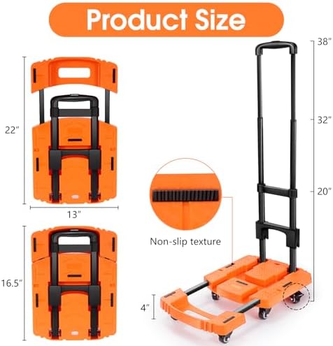 Folding Hand Truck500lbs, Portable Heavy Duty Dolly Cart, 6 Wheels Collapsible Luggage Cart with 2 Elastic Ropes - Compact Trolley Cart for Easy Moving - Ideal Hand Cart for Travel and More