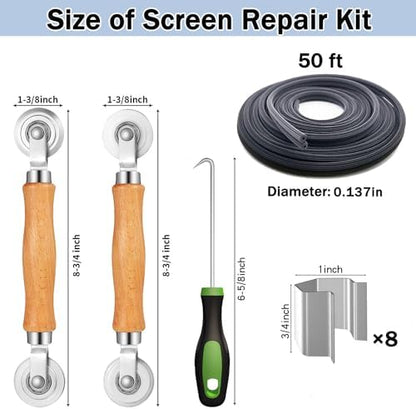 Window Screen Door Repair/Replacement Kit, King&Charles Include Black Screen Mesh 48"x118"+ 2 Roller+50Ft Spline+8Clips+Hook, 6 in 1 Window Mesh Kit, Steel/Nylon Bearing Roller