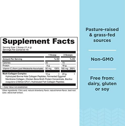 Ancient Nutrition Hydrolyzed Collagen Peptides Powder with Probiotics, Strawberry Lemonade Multi Collagen Protein for Women and Men with Vitamin C, 45 Servings, Supports Skin and Nails, Gut Health, 18