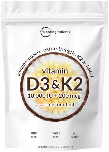 Micro Ingredients Vitamin D3 10,000 IU + K2 MK-7 200 mcg, 180 Softgels | Virgin Coconut Oil | 2-in-1 Bone, Immune & Heart Support | Easy to Swallow, Non-GMO