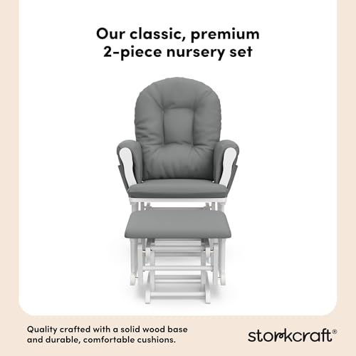 Storkcraft Premium Hoop Glider & Ottoman (White/Gray) — GREENGUARD Gold Certified Nursery Glider, Solid Wood Craftsmanship, Smooth-Gliding Nursery Chair and Ottoman, Award-Winning