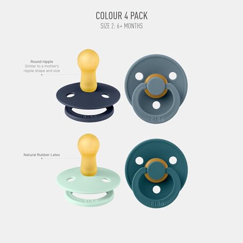 BIBS Pacifiers - Colour 4 Pack | Round Nipple Baby Pacifier | BPA Free Natural Rubber Latex Soother | Made in Denmark | Size 6-18 Months | Boy Colors