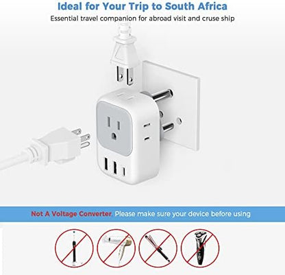 TESSAN South Africa Power Adapter, Type M Plug Adaptor with 4 American Outlets 3 USB Charger (1 USB C Port) for US to Bhutan Botswana Namibia Nepal