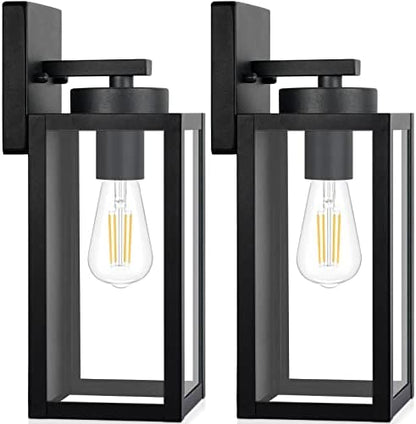 Outdoor Wall Light Fixtures, Exterior Waterproof Lanterns, Porch Sconces Wall Mounted Lighting with E26 Sockets & Glass Shades, Modern Matte Black Wall Lamps for Patio Front Door Entryway, 2-Pack