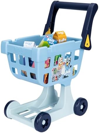 The Bluey Shopping Trolley | with Free-Rolling Wheels and Rotating Handle. The Ideal Size for Toddlers | Stands at 19.3 Inch Tall | 8 Colorful Cardboard Shopping Goods are Included with This Trolley