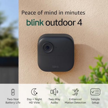 Blink Outdoor 4 (newest model), Wireless smart security camera, two-year battery, 1080p HD day and infrared night live view, two-way talk – 3 camera system