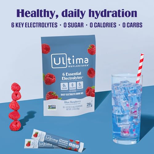 Ultima Replenisher Daily Electrolyte Powder Drink Mix – Sugar Free – Blue Raspberry, 20 Stickpacks – Hydration Packets with 6 Electrolytes and Trace Minerals – Keto Friendly, Vegan, Non-GMO