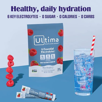 Ultima Replenisher Daily Electrolyte Powder Drink Mix – Sugar Free – Blue Raspberry, 20 Stickpacks – Hydration Packets with 6 Electrolytes and Trace Minerals – Keto Friendly, Vegan, Non-GMO