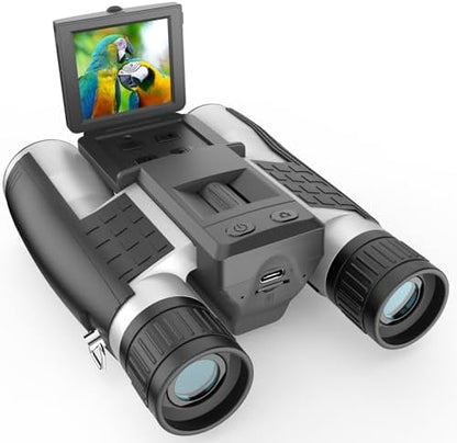 ZZSTAR 12x32 Binoculars for Adults, Large View, Portable High Powered Binoculars with Camera, FMC & BAK4 Prism Lens, 2" LCD Display 5MP 1080P Video Photo Recorder for Bird Watching Sport, Silver
