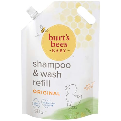 Burts Bees Baby Shampoo and Baby Wash Refill, Original, Plant-Based Formula, Tear-Free, Pediatrician-Tested, Natural Origin, Gently Cleans Sensitive Skin and Hair, 33.8 Fl Oz