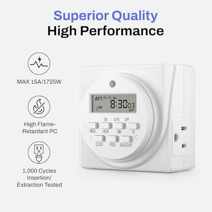 BN-LINK 7-Day Heavy Duty Digital Programmable Timer, 120V, 60Hz, Dual Outlet forLight, ETL Listed (2-Pack)
