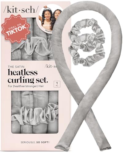 Kitsch Satin Heatless Curling Set – Heatless Hair Curler for Women, Hair Curler to Sleep In - with 2 Satin Scrunchies for Overnight Curls – No Heat Damage Styling with Heatless Curler - Silver