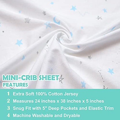 American Baby Company 3 Pack 100% Natural Cotton Fitted Mini Crib Sheets 38" x 24" - Soft & Breathable Small Nesting Portable Sheets, Fits Pack N Play Mattresses, Blue Star/Zigzag, for Boys & Girls
