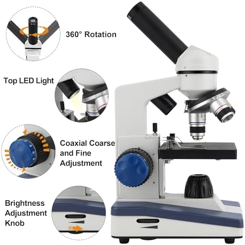 Microscope for Adults Kids Students, Compound Monocular Microscope 40X-2000X, Dual LED Illumination, Slides Set with Specimens, Phone Holder Adapter, School & Home Education