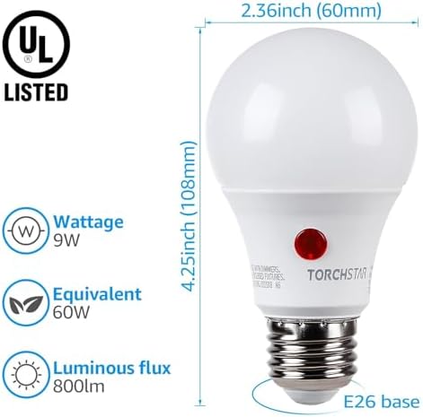 TORCHSTAR Dusk to Dawn Light Bulbs Outdoor, Sensor A19 LED Light Bulb, Auto on/Off Photocell Automatic for Outdoor Lighting, 2700K, Pack of 4