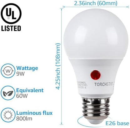 TORCHSTAR Dusk to Dawn Light Bulbs Outdoor, Sensor A19 LED Light Bulb, Auto on/Off Photocell Automatic for Outdoor Lighting, 5000K, Pack of 4