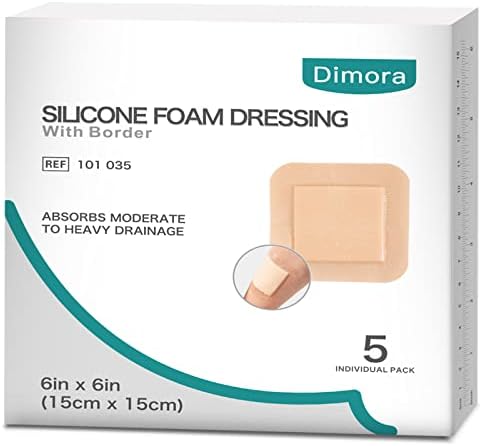 Dimora Silicone Foam Dressing with Border Adhesive 6"x6" Waterproof Wound Dressing Bandage for Wound Care 5 Pack…