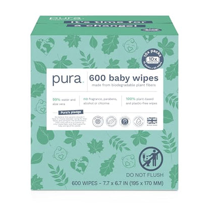 Pura Natural Sensitive Baby Wipes, 99% Water, Unscented & Hypoallergenic, Suitable for Sensitive & Eczema-prone Skin, Hypoallergenic, EWG Verified, 10 Pack of 60 Wet Wipes (600 Diaper Wipes) Bulk Buy