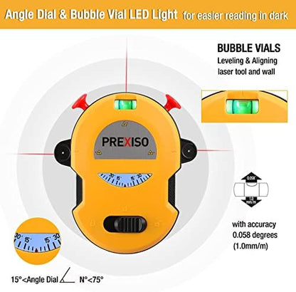 PREXISO Multi Surface Laser Level LED Light Vial, 30Ft Horizontal & Vertical Line Laser with Wall Mount Base, 2 Pins, 10 Sticker, 2 AA Batteries for Hanging Frames & Picture, Construction Wall Writing