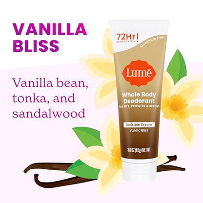 Lume Whole Body Deodorant - Invisible Cream Tube - 72 Hour Odor Control - Doctor Developed - Aluminum Free, Baking Soda Free and Skin Loving - 3.0 Ounce (Vanilla Bliss)