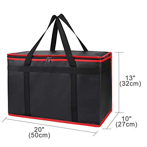 Bodaon Insulated Food Delivery Bag, XX-Large Reusable Grocery Shopping Bags, Picnic Cooler Bag Zipper/Zippered Top Cold, Black with Red Edge, 2-Pack