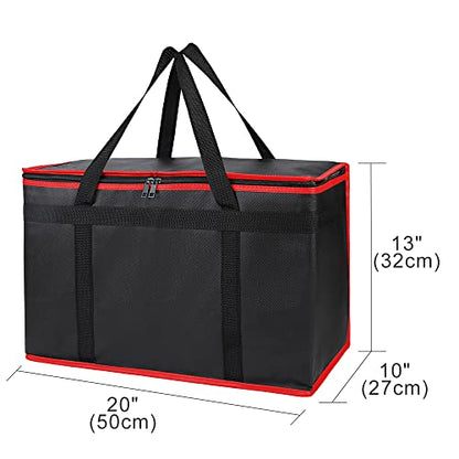 Bodaon Insulated Food Delivery Bag, XX-Large Reusable Grocery Shopping Bags, Picnic Cooler Bag Zipper/Zippered Top Cold, Black with Red Edge, 2-Pack