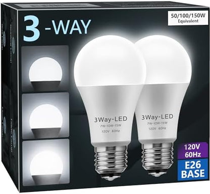 Briignite LED Light Bulbs, 𝟑𝐖𝐚𝐲 𝐋𝐄𝐃 𝐋𝐢𝐠𝐡𝐭 𝐁𝐮𝐥𝐛𝐬 50 100 150W Equivalent, Three Way A19 Light Bulbs E26 Medium Base, Daylight White 5000K, 500lm-1000lm-1500lm, 2Pack