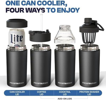 Frost Buddy Universal Can Cooler - Fits All - For Regular 12 & 16 oz or Slim-Size Bottles - Insulated Double-Walled Stainless Steel (MatteBlack)