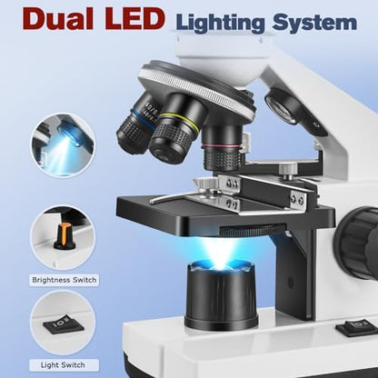 Microscope for Adults Kids Students, 40X-2000X Microscope for Beginners, Biological Microscope Kit with Phone Holder, 10pcs Specimen Slides, 20 Pcs Slides & 100pcs Coverslips, Storage Bag