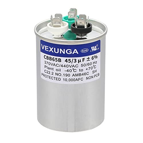 45/3 uF 45+3 MFD 370VAC or 440VAC Dual Run Start Round A/C Capacitor CBB65 CBB65B Air Conditioner Capacitors for AC Unit Fan Motor Start or Heat Pump or Condenser Straight Cool