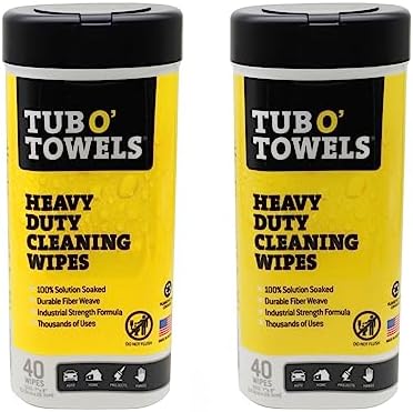Tub O' Towels Heavy-Duty Multi-Surface Cleaning Wipes, 7" x 8", 40 Count Canister, Removes Grease, Grime, Tough Stains, Durable Disposable White Wipes for Home, Garage, Outdoor Cleaning Tasks, 2-Pack
