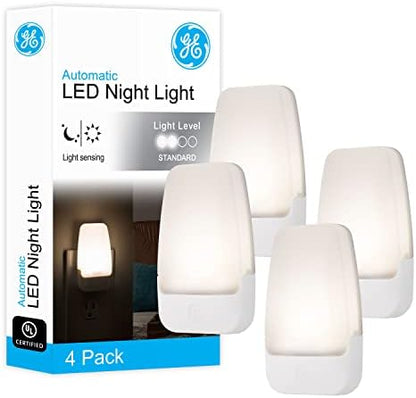 GE LED Night Light, Plug-in, Dusk to Dawn Sensor, Warm White, Ambient Lighting, Ideal for Kids and Adults Bedroom, Bathroom, Nursery, Hallway, Kitchen, 46882, 4 Pack