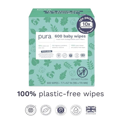 Pura Natural Sensitive Baby Wipes, 99% Water, Unscented & Hypoallergenic, Suitable for Sensitive & Eczema-prone Skin, Hypoallergenic, EWG Verified, 10 Pack of 60 Wet Wipes (600 Diaper Wipes) Bulk Buy