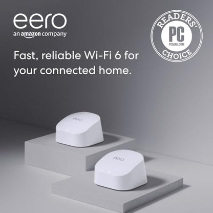Amazon eero 6 mesh wifi system - Supports internet plans up to 500 Mbps, Coverage up to 3,000 sq. ft., Connect 75+ devices, 2-pack (1 router + 1 extender)