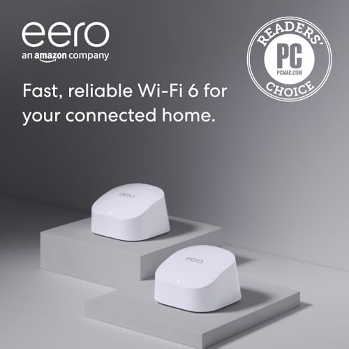 Amazon eero 6 mesh wifi system - Supports internet plans up to 500 Mbps, Coverage up to 3,000 sq. ft., Connect 75+ devices, 2-pack (1 router + 1 extender)