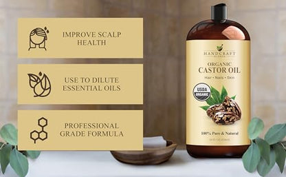 Handcraft Blends Organic Castor Oil - 28 Fl Oz - 100% Pure and Natural - Premium Grade Carrier Oil for Hair Growth, Eyelashes and Eyebrows - Hair and Body - Expeller-Pressed & Hexane-Free